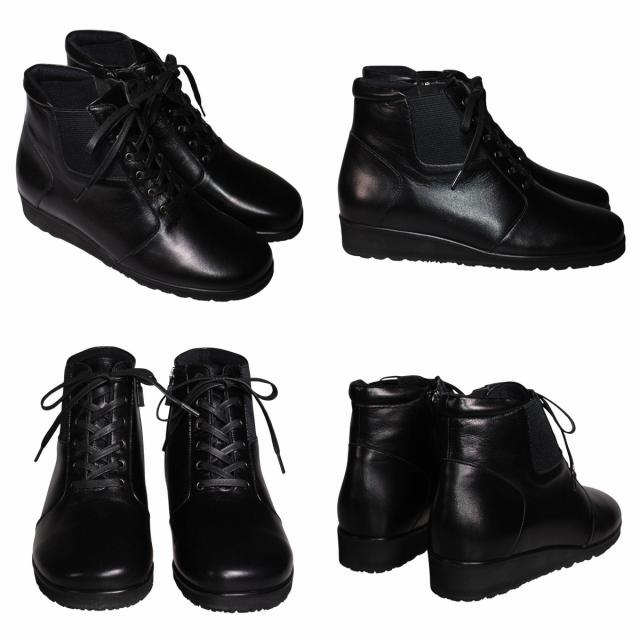 【靴のHOSHIKAWA】  『AMORA 800』 アモーラ ミドルブーツ 21.5cm〜24.5cm 5E レディース ブラック カジュアル ファスナー サイドゴア レース 日本製 本革 幅広 秋冬