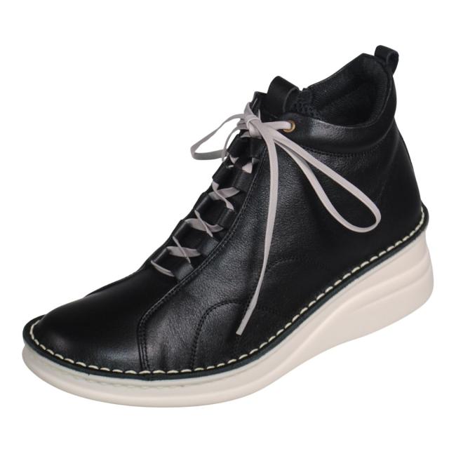 【靴のHOSHIKAWA】  『A-OK 82771』 エーオーケー ショートブーツ 22cm〜24.5cm レディース ブラック 内側ファスナー レースアップ 厚底 日本製 牛革 秋冬