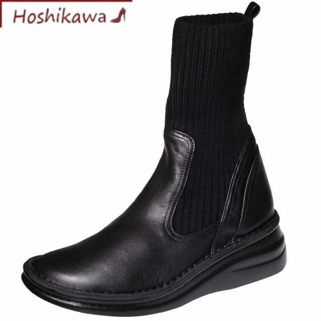 【靴のHOSHIKAWA】 『A-OK 8172』 エーオーケー ニットショートブーツ 22cm〜24.5cm 幅広 レディース ブラック ブーツ 厚底 牛革 秋冬