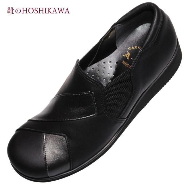 【靴のHOSHIKAWA】  『A-OK 5890』 エーオーケー スリッポン 21.5cm〜24.5cm EEE レディース ブラック フラット底 サイドゴア 牛革 春夏