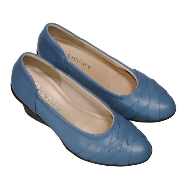 【靴のHOSHIKAWA】  『Airystep 6051』 エアリーステップ パンプス 22cm〜24.5cm EEE ブルー/グレー  レディース ウェッジソール カジュアル 牛革 オールシーズン