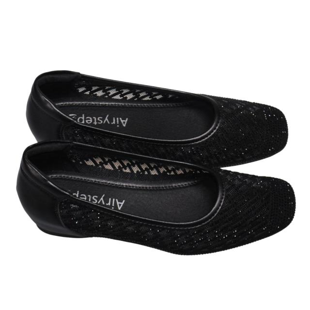 【靴のHOSHIKAWA】  『Airystep 2388』 エアリーステップ パンプス 22.5cm〜24.5cm レディース インヒール カジュアル ブラック チュールレース 天然皮革 春夏