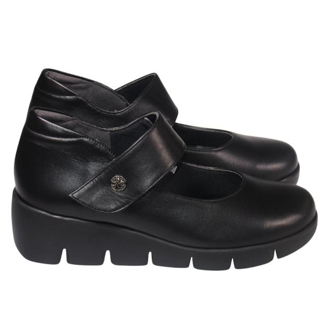 【靴のHOSHIKAWA】  『Airystep 3053』 エアリーステップ パンプス 22cm〜24.5cm レディース ブラック マジックテープ ウェッジソール カジュアル 牛革 厚底 国産