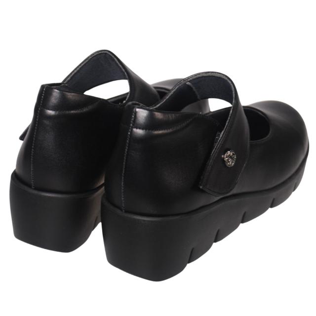 【靴のHOSHIKAWA】  『Airystep 3053』 エアリーステップ パンプス 22cm〜24.5cm レディース ブラック マジックテープ ウェッジソール カジュアル 牛革 厚底 国産