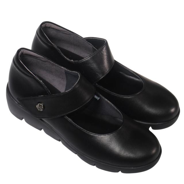 【靴のHOSHIKAWA】  『Airystep 3053』 エアリーステップ パンプス 22cm〜24.5cm レディース ブラック マジックテープ ウェッジソール カジュアル 牛革 厚底 国産