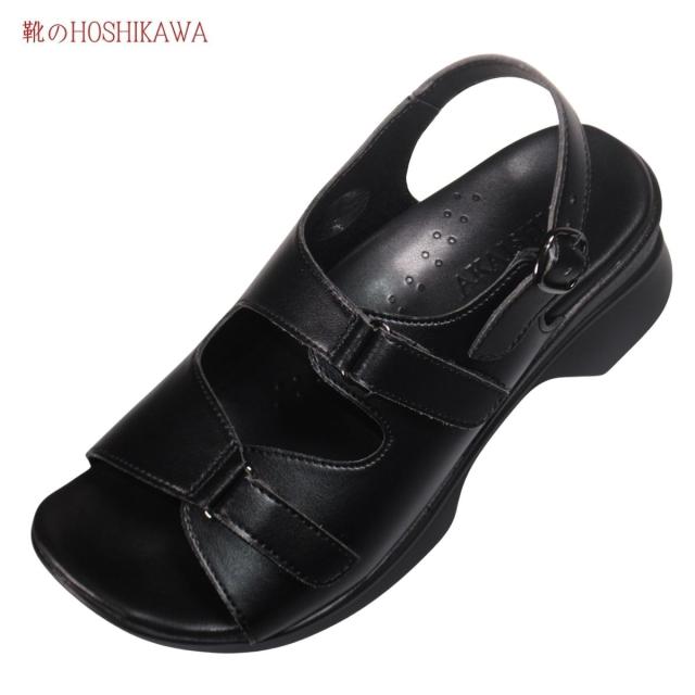 【靴のHOSHIKAWA】  『AKAISHI 406』 コンフォートサンダル S M L レディース O脚補正 アーチフィッター オープントウ ストラップ 低反発インソール バックバンド マジックベルト