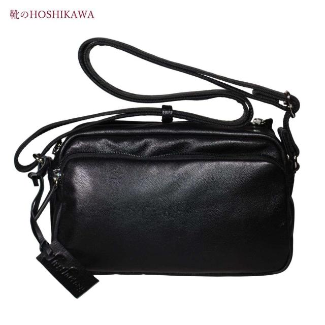 【靴のHOSHIKAWA】  『first factory 308』 ショルダーバッグ  レディース ファスナー開閉 小さめ ブラック カジュアル 収納4つ 山羊革