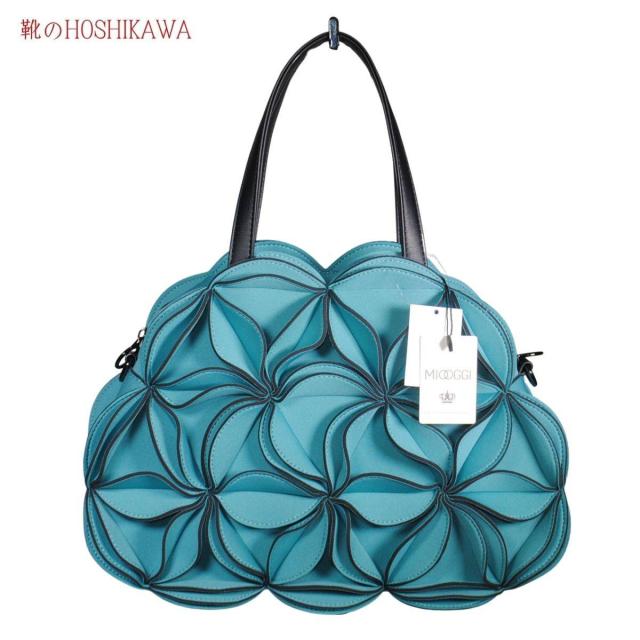 【靴のHOSHIKAWA】  『MIOOGGI 2WAYトート 343』 立体フラワートートバッグ レディース エメラルドグリーン ファスナー A4収納可能 肩掛け 合成繊維