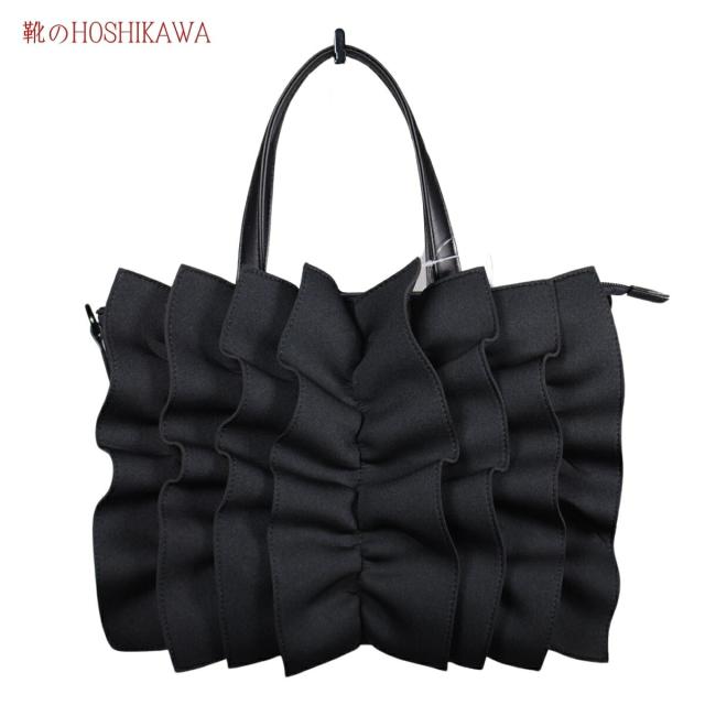 【靴のHOSHIKAWA】  『MIOOGGI 2WAYトート 380』 立体フラワートートバッグ レディース ブラック ファスナー ペットボトルOK 肩掛け 合成繊維