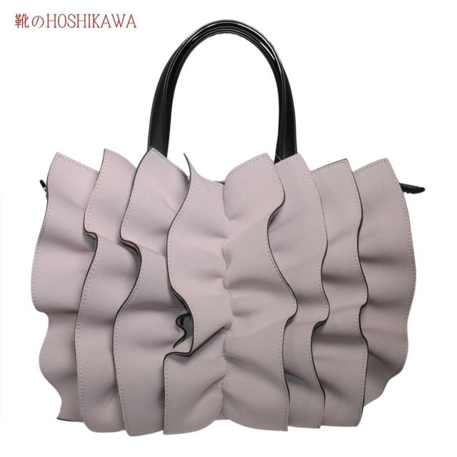 【靴のHOSHIKAWA】  『MIOOGGI 2WAYトート 380』 立体フラワートートバッグ レディース ライトグレー ファスナー ペットボトルOK 肩掛け 合成繊維