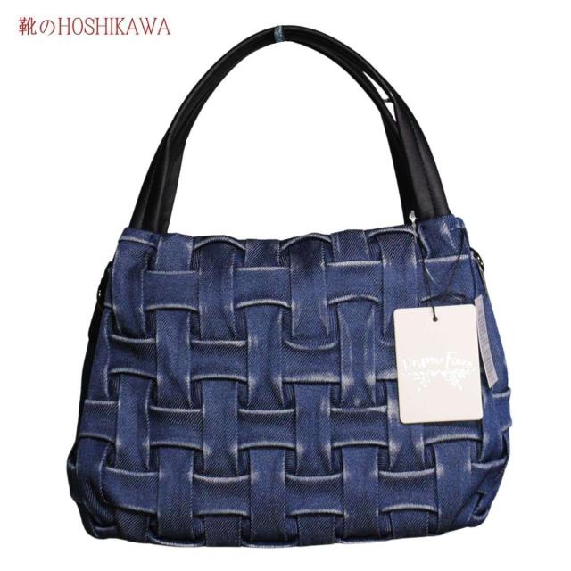 【靴のHOSHIKAWA】  『デニムトートバッグ 395』 プリムフィオーレ 手さげバッグ 軽い レディース ネイビー ファスナー開閉 2way 編み込み風 ショルダー 合成皮革
