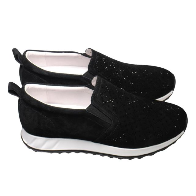 【靴のHOSHIKAWA】  『de ocho A de ocho 162-18837』 デオチョアデオチョ スリッポン 22cm〜25.5cm レディース ブラック レザースニーカー ラインストーン スウェード 厚底 本革