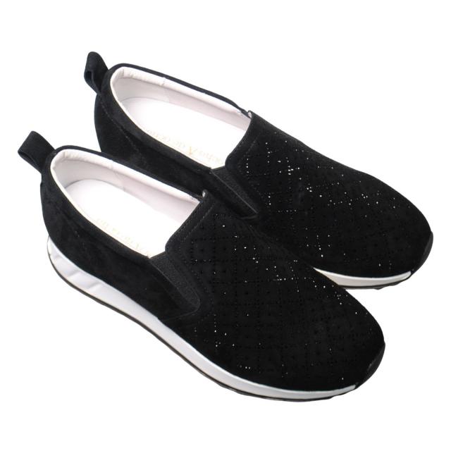 【靴のHOSHIKAWA】  『de ocho A de ocho 162-18837』 デオチョアデオチョ スリッポン 22cm〜25.5cm レディース ブラック レザースニーカー ラインストーン スウェード 厚底 本革