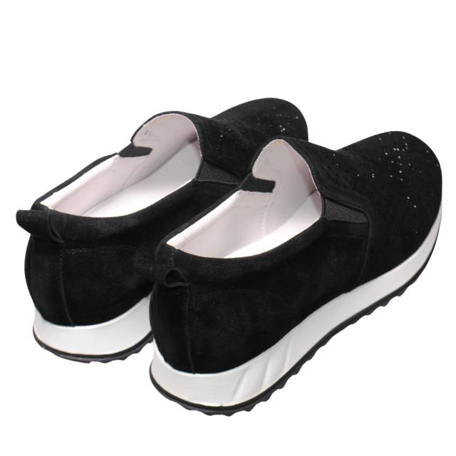 【靴のHOSHIKAWA】  『de ocho A de ocho 162-18837』 デオチョアデオチョ スリッポン 22cm〜25.5cm レディース ブラック レザースニーカー ラインストーン スウェード 厚底 本革