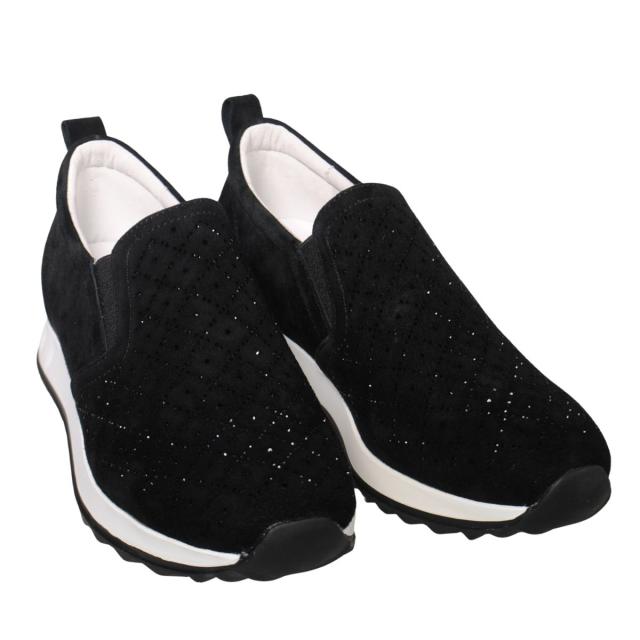 【靴のHOSHIKAWA】  『de ocho A de ocho 162-18837』 デオチョアデオチョ スリッポン 22cm〜25.5cm レディース ブラック レザースニーカー ラインストーン スウェード 厚底 本革