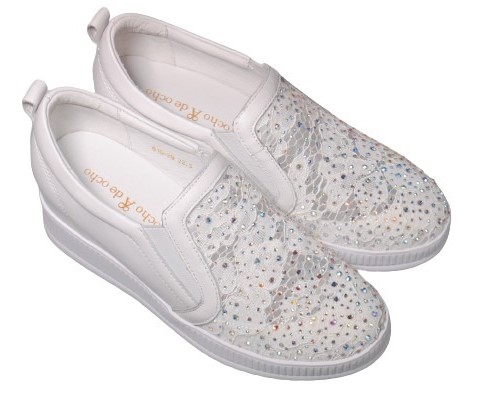 【靴のHOSHIKAWA】  『de ocho A de ocho 816-29』 デオチョアデオチョ スリッポン 22cm〜24.5cm レディース ホワイト レザースニーカー ラインストーン 厚底 本革