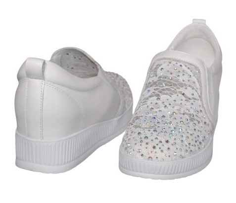 【靴のHOSHIKAWA】  『de ocho A de ocho 816-29』 デオチョアデオチョ スリッポン 22cm〜24.5cm レディース ホワイト レザースニーカー ラインストーン 厚底 本革