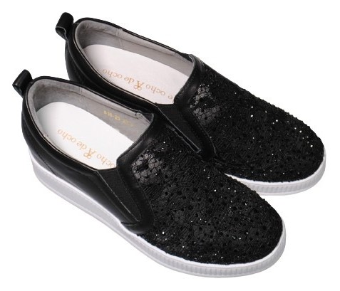 【靴のHOSHIKAWA】  『de ocho A de ocho 816-29』 デオチョアデオチョ スリッポン 22cm〜24.5cm レディース ブラック レザースニーカー ラインストーン 厚底 本革