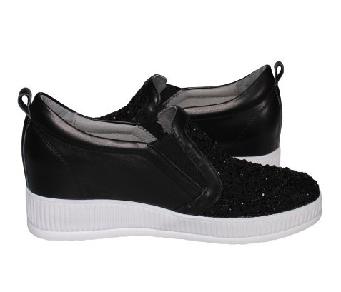 【靴のHOSHIKAWA】  『de ocho A de ocho 816-29』 デオチョアデオチョ スリッポン 22cm〜24.5cm レディース ブラック レザースニーカー ラインストーン 厚底 本革