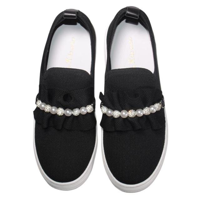 【靴のHOSHIKAWA】  『de ocho A de ocho J52-28』 デオチョアデオチョ スリッポン 22cm〜24.5cm レディース ブラック スニーカー パール ストレッチ 軽量 通気性 春夏