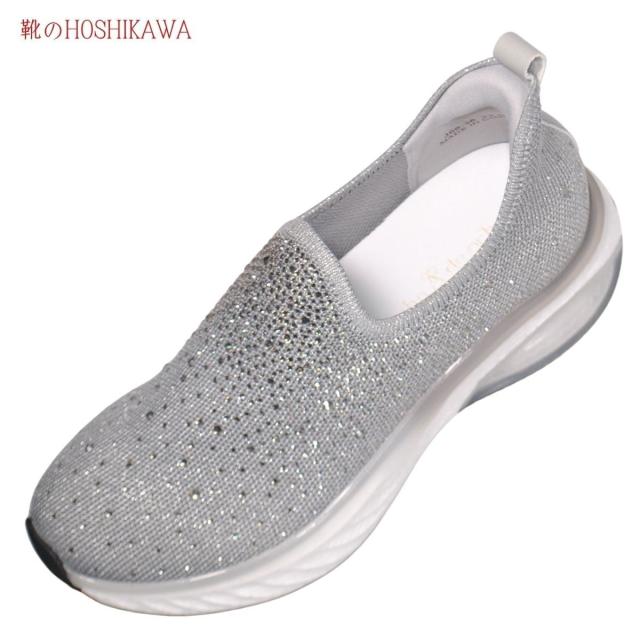 【靴のHOSHIKAWA】  『de ocho A de ocho J66-36』 デオチョアデオチョ スリッポン 22cm〜25cm レディース グレー レザースニーカー ラインストーン ストレッチ 厚底 春夏