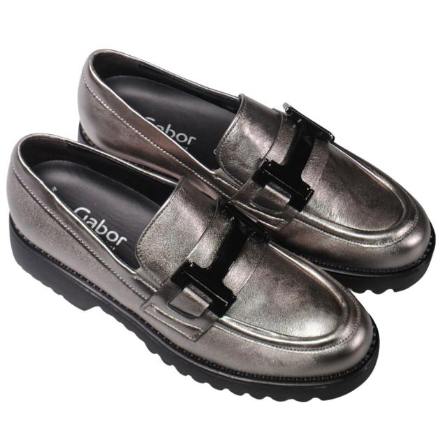 【靴のHOSHIKAWA】  『Gabor 52452』 ガボール ビットローファー 22cm〜25.5cm レディース シルバー ポルトガル 天然皮革 厚底 秋冬