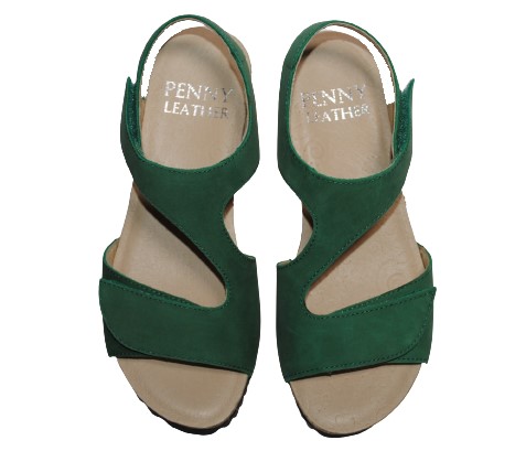 【靴のHOSHIKAWA】  『PENNY LEATHER H100』 ウェッジソール サンダル 22.5cm〜24.5cm マジックテープ グリーン レディース 本革 スウェード