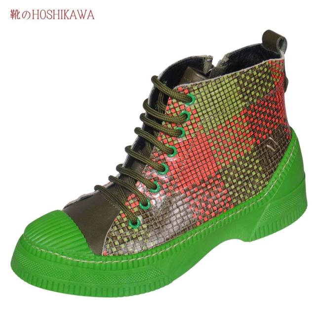 【靴のHOSHIKAWA】  『Monet 1022409』 MONET ショートブーツ 23cm〜25cm レディース グリーン レースアップ ハイカット サイドファスナー スニーカー スムース革 本革 厚底 秋冬