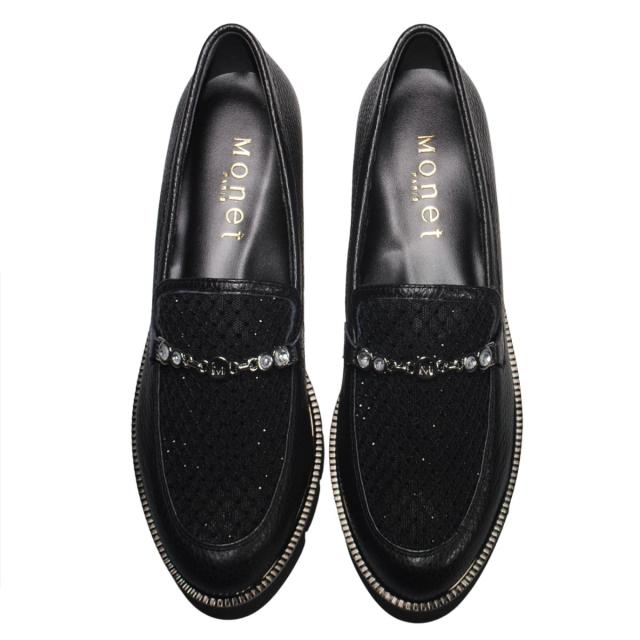 【靴のHOSHIKAWA】  『MONET 211520』 モネ ビットローファー 21.5cm〜24.5cm EEE トラックソール レディース ブラック ラインストーン 通気性 国産 本革 春夏