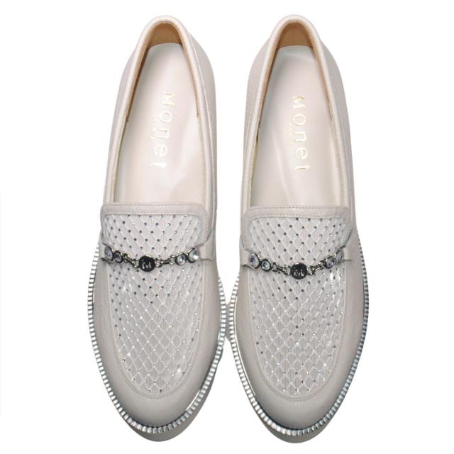 【靴のHOSHIKAWA】  『MONET 211520』 モネ ビットローファー 21.5cm〜24.5cm EEE トラックソール レディース シロ ラインストーン 通気性 国産 本革 春夏