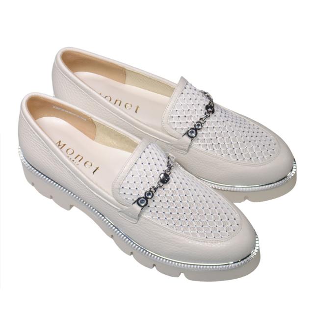 【靴のHOSHIKAWA】  『MONET 211520』 モネ ビットローファー 21.5cm〜24.5cm EEE トラックソール レディース シロ ラインストーン 通気性 国産 本革 春夏