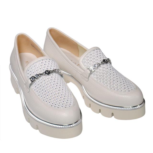【靴のHOSHIKAWA】  『MONET 211520』 モネ ビットローファー 21.5cm〜24.5cm EEE トラックソール レディース シロ ラインストーン 通気性 国産 本革 春夏