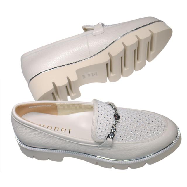 【靴のHOSHIKAWA】  『MONET 211520』 モネ ビットローファー 21.5cm〜24.5cm EEE トラックソール レディース シロ ラインストーン 通気性 国産 本革 春夏