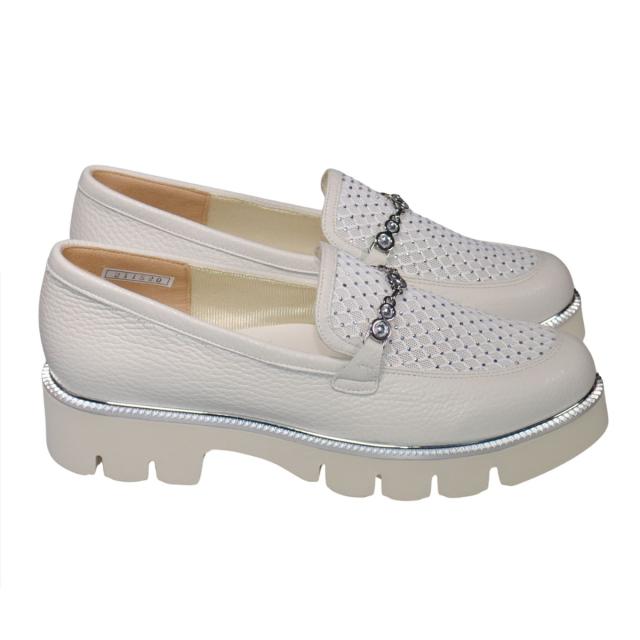【靴のHOSHIKAWA】  『MONET 211520』 モネ ビットローファー 21.5cm〜24.5cm EEE トラックソール レディース シロ ラインストーン 通気性 国産 本革 春夏