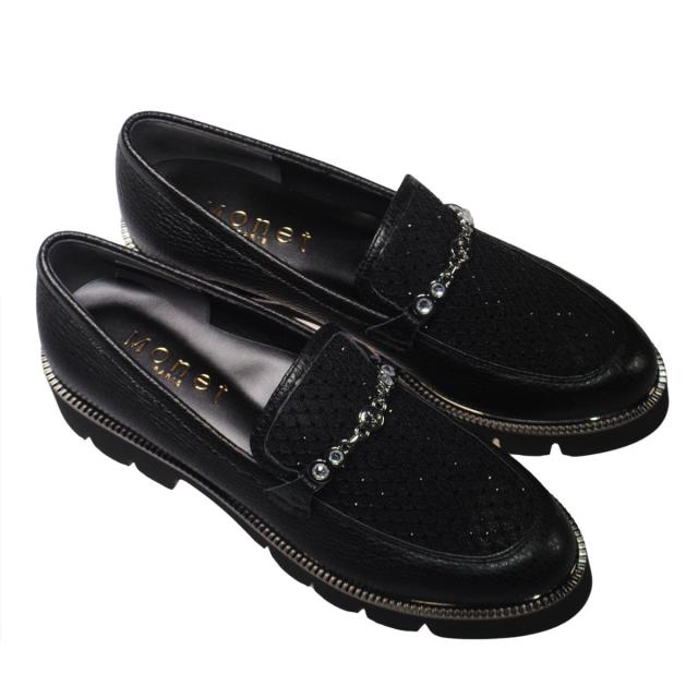 【靴のHOSHIKAWA】  『MONET 211520』 モネ ビットローファー 21.5cm〜24.5cm EEE トラックソール レディース ブラック ラインストーン 通気性 国産 本革 春夏