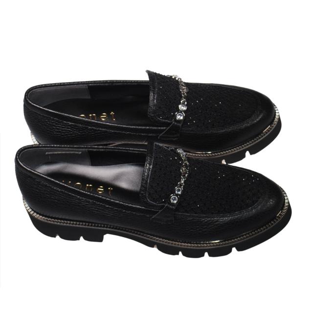 【靴のHOSHIKAWA】  『MONET 211520』 モネ ビットローファー 21.5cm〜24.5cm EEE トラックソール レディース ブラック ラインストーン 通気性 国産 本革 春夏