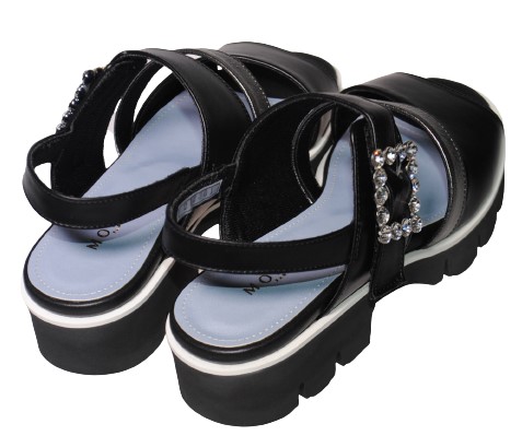 【靴のHOSHIKAWA】  『MONET 212301』 モネ サンダル 21cm〜24.5cm EEE ブラック レディース ビジュー ストラップ ウェッジソール バックベルト 本革 国産 春夏