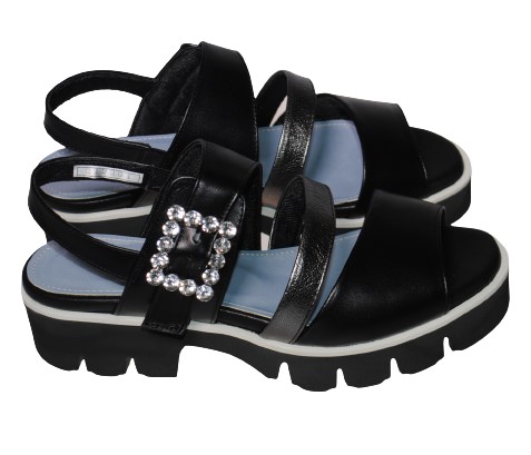 【靴のHOSHIKAWA】  『MONET 212301』 モネ サンダル 21cm〜24.5cm EEE ブラック レディース ビジュー ストラップ ウェッジソール バックベルト 本革 国産 春夏