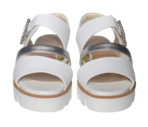 【靴のHOSHIKAWA】  『MONET 212301』 モネ サンダル 21cm〜24.5cm EEE ホワイト レディース ビジュー ストラップ ウェッジソール バックベルト 本革 国産 春夏