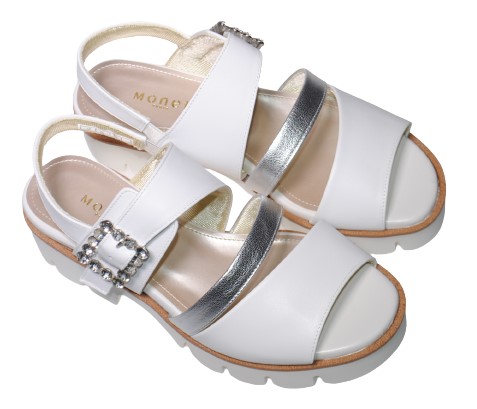 【靴のHOSHIKAWA】  『MONET 212301』 モネ サンダル 21cm〜24.5cm EEE ホワイト レディース ビジュー ストラップ ウェッジソール バックベルト 本革 国産 春夏