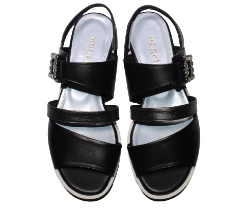 【靴のHOSHIKAWA】  『MONET 212301』 モネ サンダル 21cm〜24.5cm EEE ブラック レディース ビジュー ストラップ ウェッジソール バックベルト 本革 国産 春夏