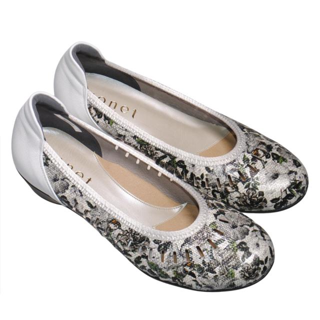 【靴のHOSHIKAWA】  『MONET 881511』 モネ パンプス 21.5cm〜24.5cm EEEE フラワー レディース ローヒール カジュアル バレーシューズ コンフォート 本革 国産 幅が広い