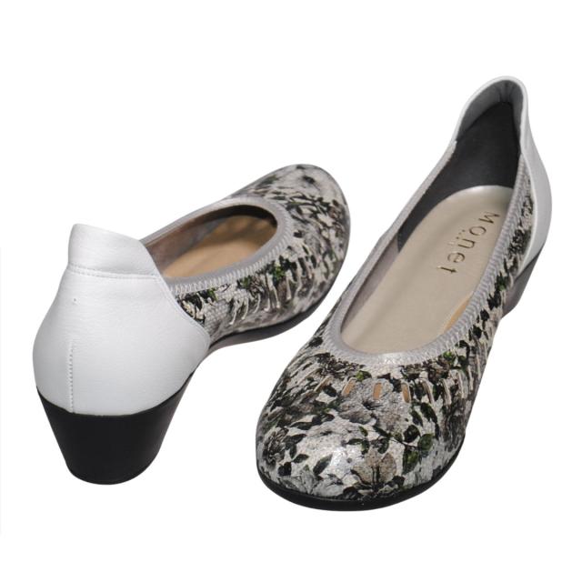 【靴のHOSHIKAWA】  『MONET 881511』 モネ パンプス 21.5cm〜24.5cm EEEE フラワー レディース ローヒール カジュアル バレーシューズ コンフォート 本革 国産 幅が広い