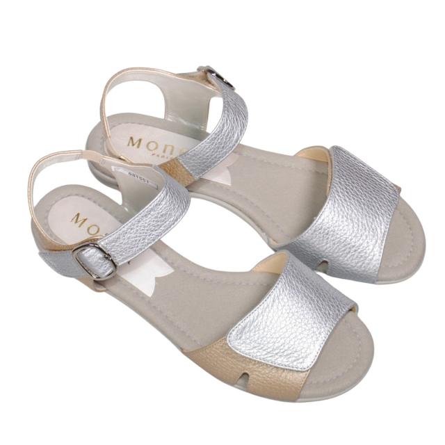 【靴のHOSHIKAWA】  『Monet 881551』 カジュアルモネ サンダル 21.5cm〜24.5cm EEE レディース シルバー ストラップ オープントゥ フラット底 軽量 日本製 本革 春夏