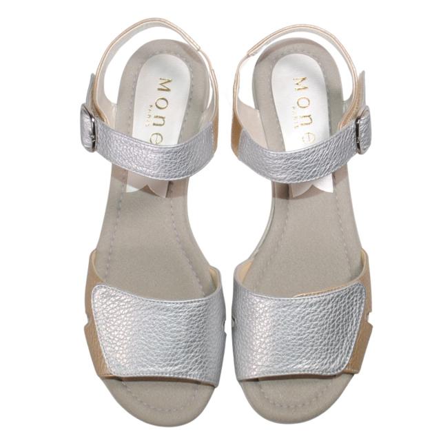 【靴のHOSHIKAWA】  『Monet 881551』 カジュアルモネ サンダル 21.5cm〜24.5cm EEE レディース シルバー ストラップ オープントゥ フラット底 軽量 日本製 本革 春夏