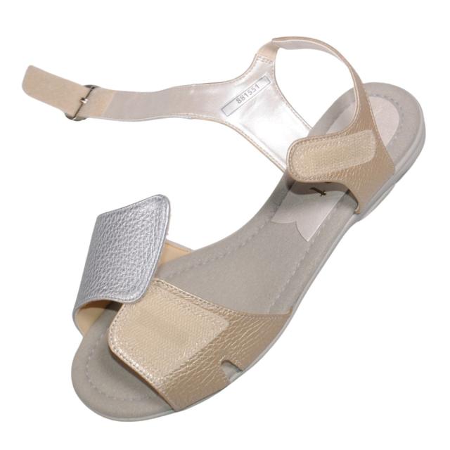 【靴のHOSHIKAWA】  『Monet 881551』 カジュアルモネ サンダル 21.5cm〜24.5cm EEE レディース シルバー ストラップ オープントゥ フラット底 軽量 日本製 本革 春夏
