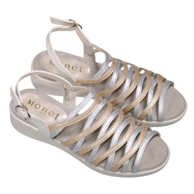 【靴のHOSHIKAWA】  『Monet 881553』 カジュアルモネ サンダル 21.5cm〜24.5cm EEEE レディース シルバー ストラップ 編込み フラット底 軽量 日本製 本革 春夏