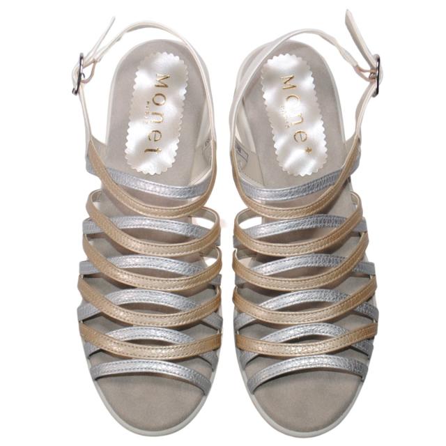 【靴のHOSHIKAWA】  『Monet 881553』 カジュアルモネ サンダル 21.5cm〜24.5cm EEEE レディース シルバー ストラップ 編込み フラット底 軽量 日本製 本革 春夏