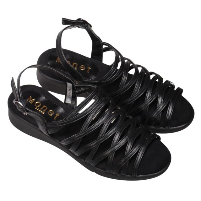 【靴のHOSHIKAWA】  『Monet 881553』 カジュアルモネ サンダル 21.5cm〜24.5cm EEEE レディース ブラック ストラップ 編込み フラット底 軽量 日本製 本革 春夏