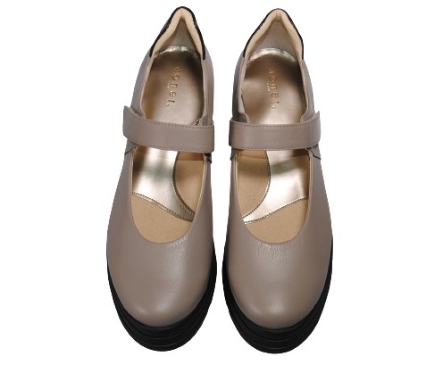 【靴のHOSHIKAWA】  『Monet 883303』 モネ カジュアルシューズ 21.5cm〜24.5cm EEEE 厚底パンプス グレージュ ベルクロ レディース 牛革 日本製